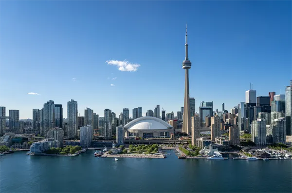 Toronto city center aerial view from the Ontario Lake