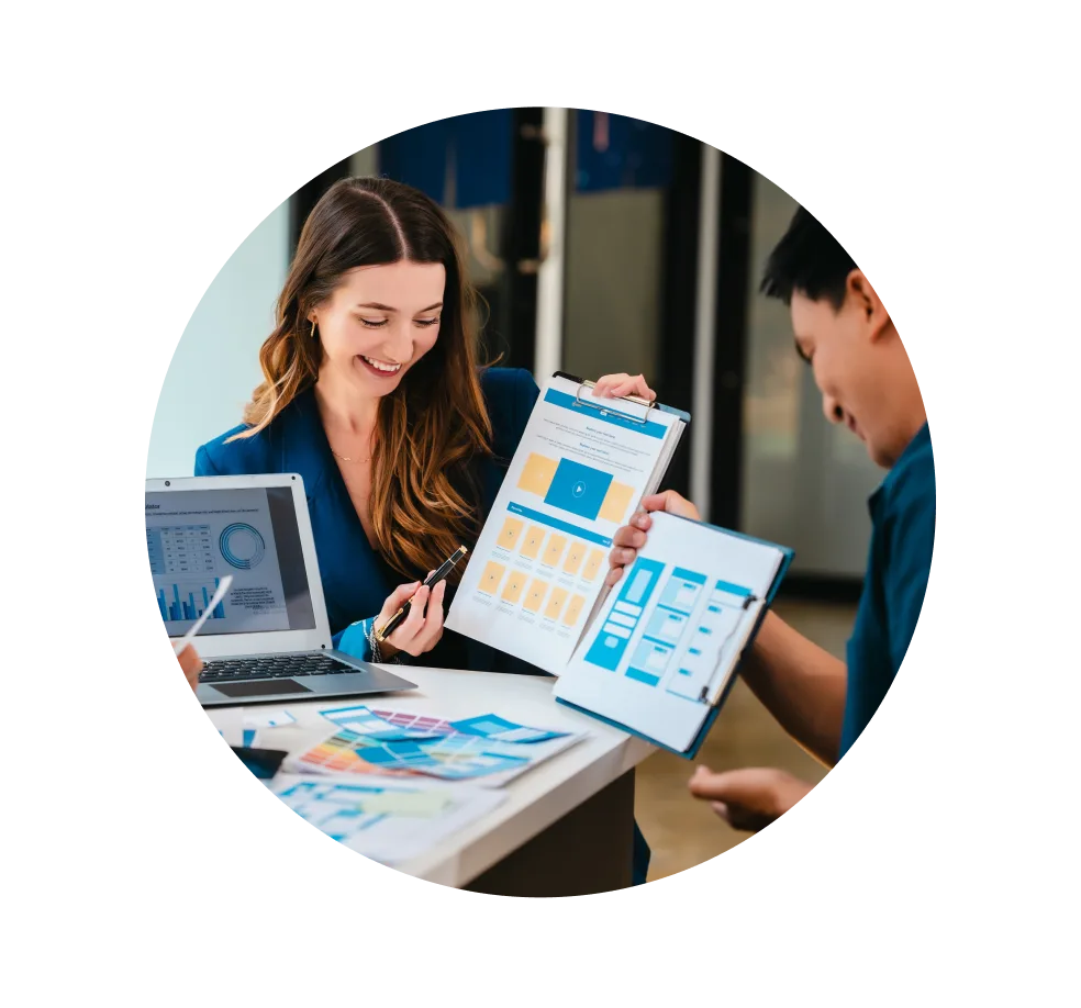 Woman shares reports with collegues