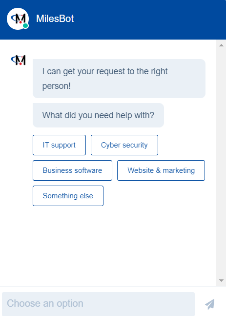 Miles IT website chatbot asking user to choose the service they need help with