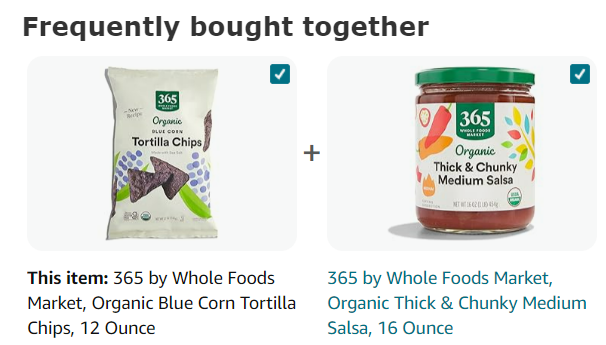 Amazon widget showing tortilla chips and salsa as frequently bought together