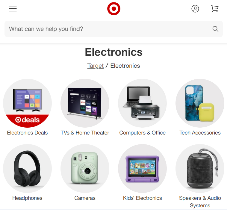 Desktop view of Target website with a condensed view and small navigation