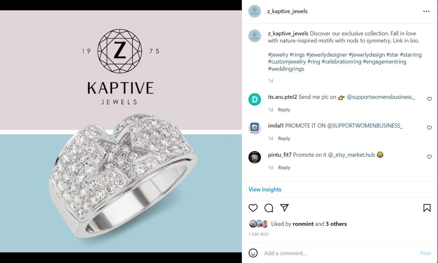 Instagram post promoting a custom ring for a jewelry company