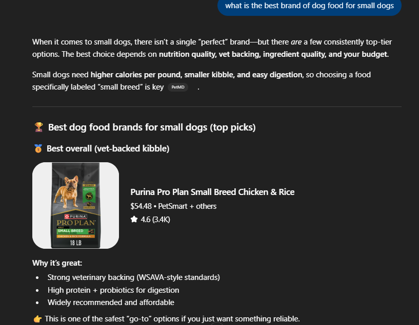 ChatGPT showing the query "what is the best brand of dog food for small dogs" with notes about nutrition and a linked product