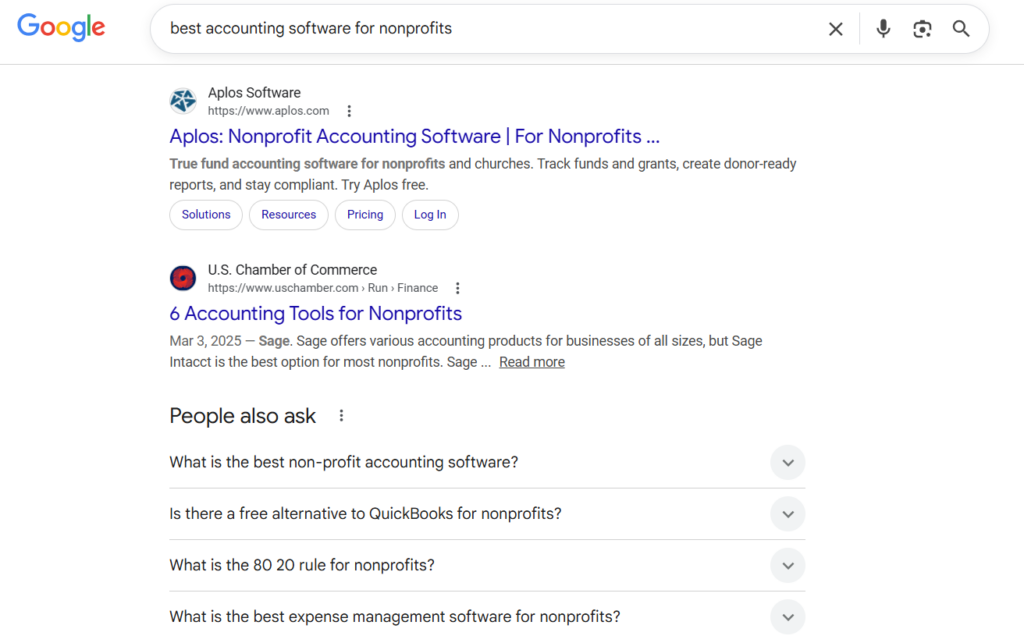 Google search results for "best accounting software for nonprofits," showing websites and a "People Also Ask" box with questions