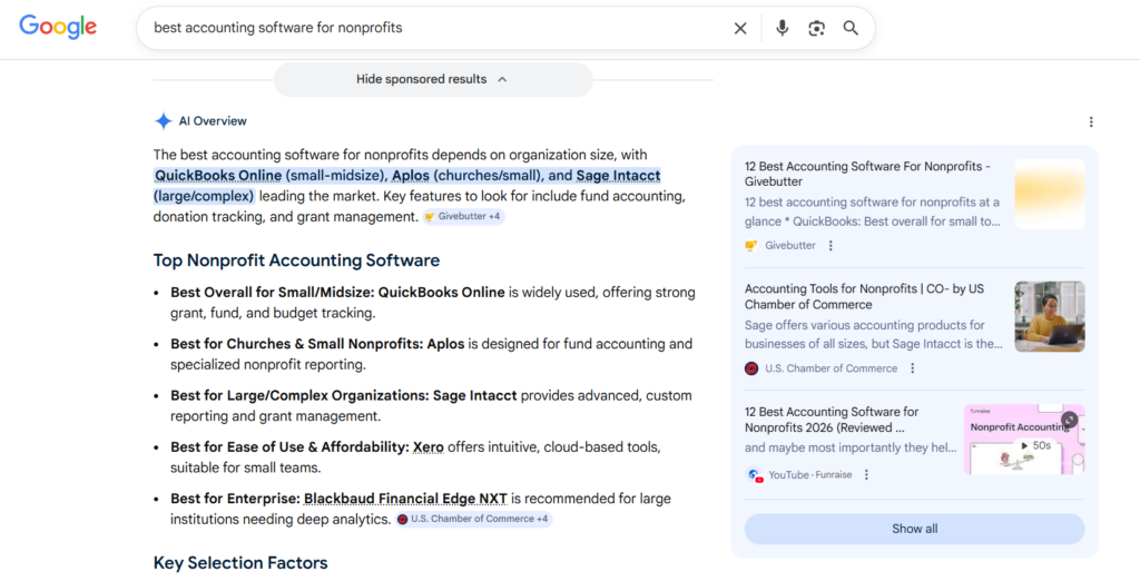 Google search results showing an AI overview for "best accounting software for nonprofits" with recommendations and summaries